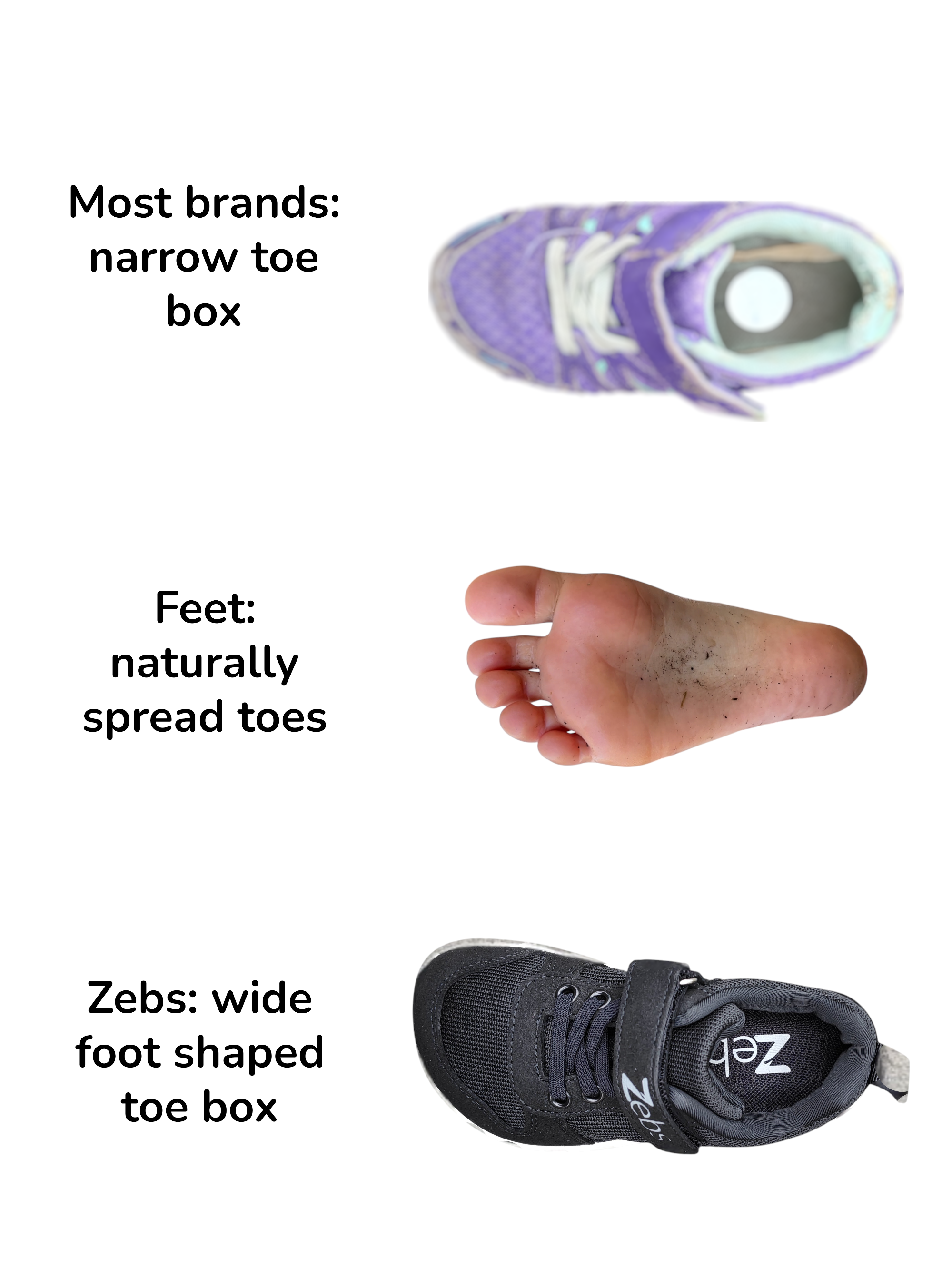 Comparison of shoes with different toe box designs on a white background